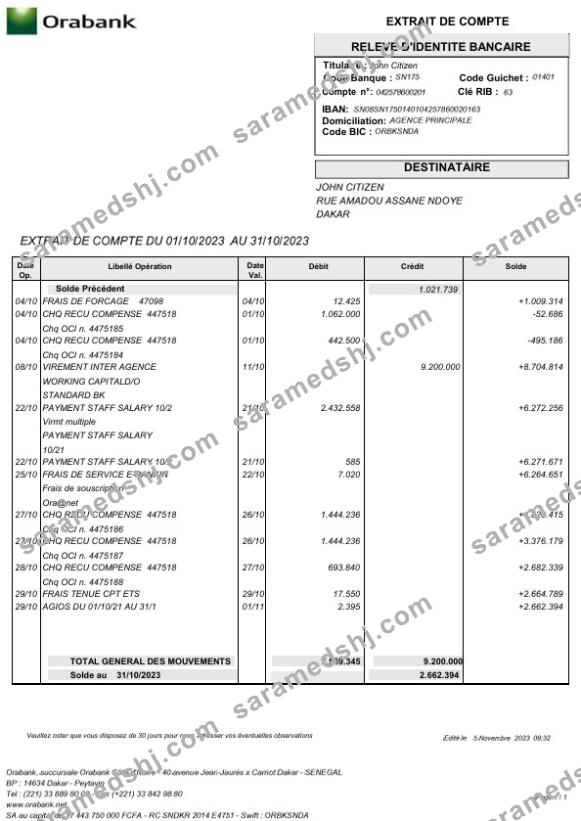 Togo Orabank statement Word and PDF template